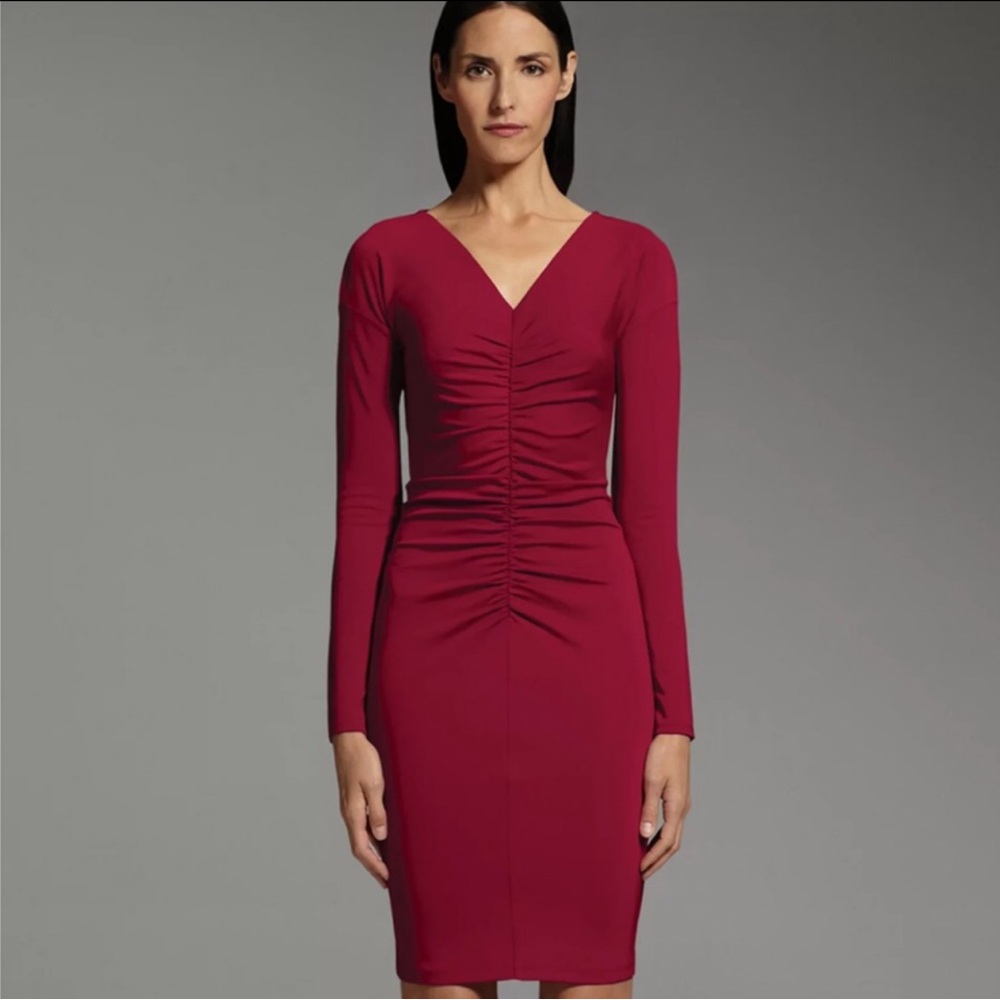Narciso Rodriguez Women’s XL Burgundy Red V-Neck Ruched LS Back Zip Dress in EUC